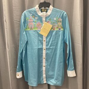 Bob Mackie Wearable Art Button Up Shirt Blue Embroidered House Design Large NEW